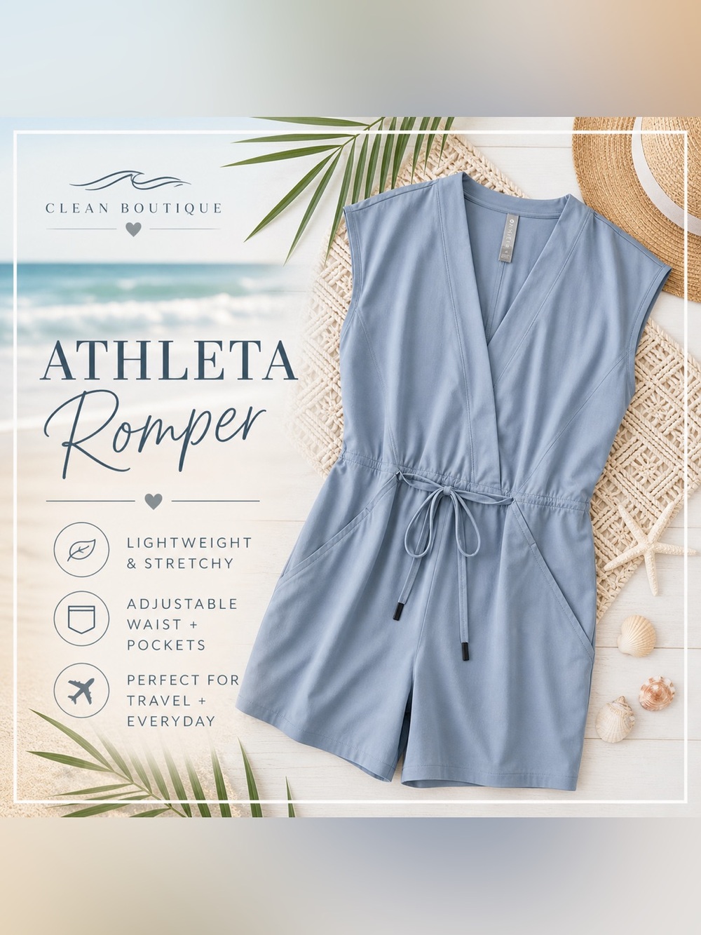 Athleta Marlow Romper Blue Casual Lightweight Womens Size M travel jumpsuit